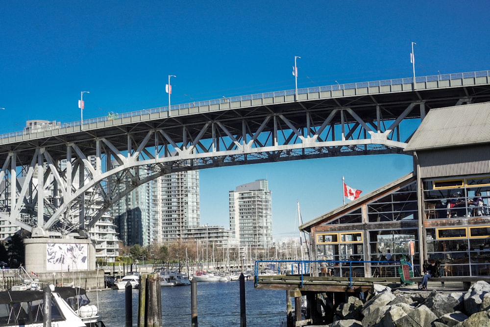 a bridge over a body of water with a city in the background