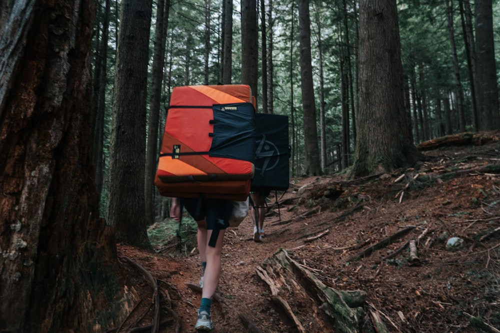 a man with a backpack walks through the woods
