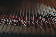 Black and white shot of piano strings inside the instrument, highlighting intricate details.