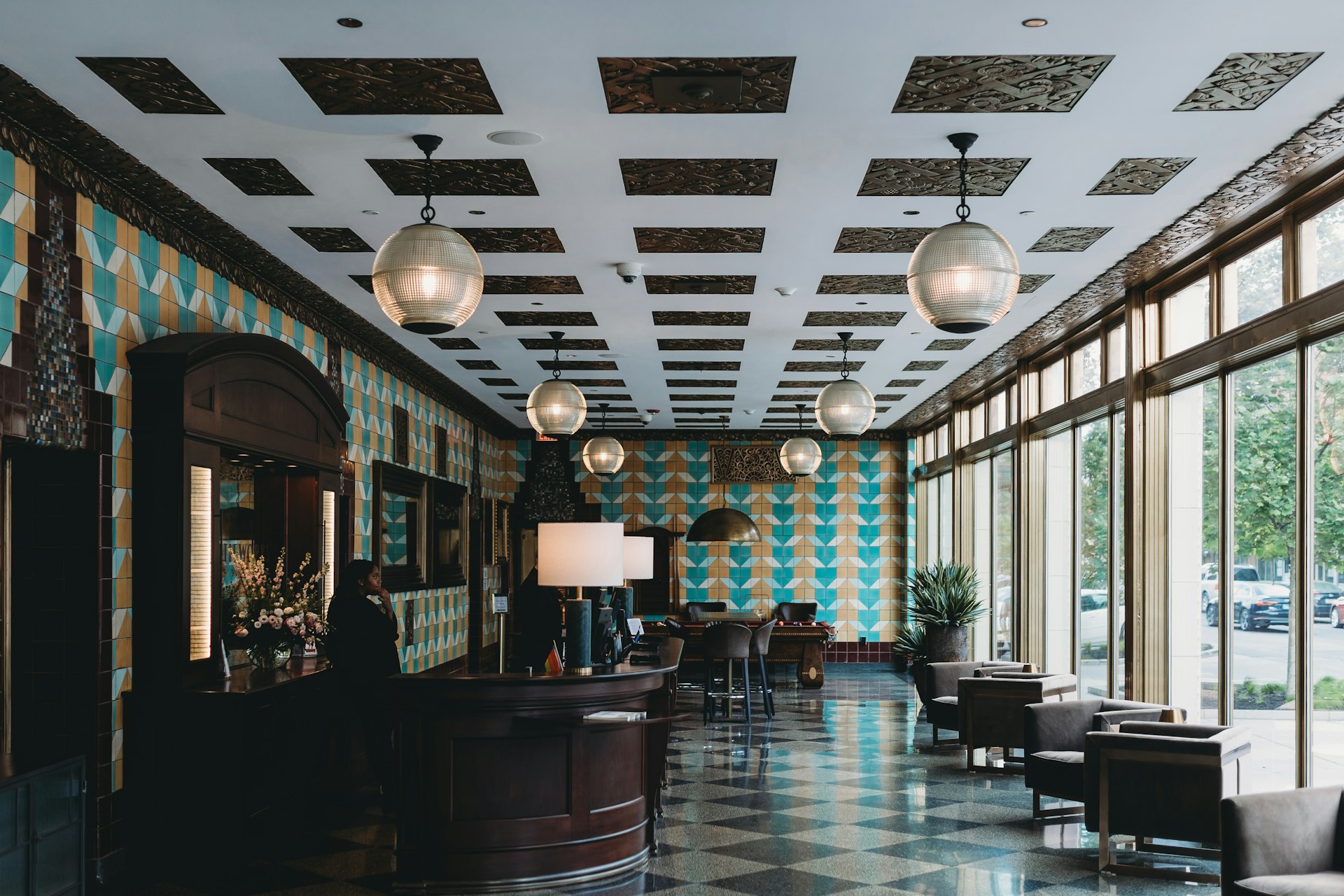 Upscale restaurant interior with bespoke lighting fixtures