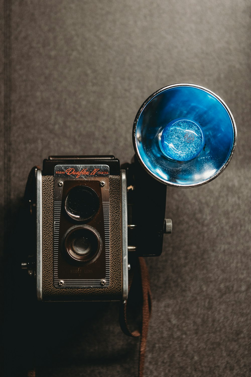 an overhead view of an old fashioned camera