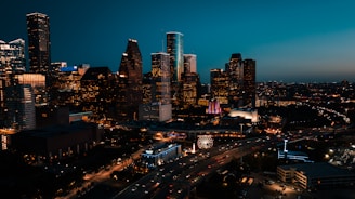 a view of a city at night from the top of a building