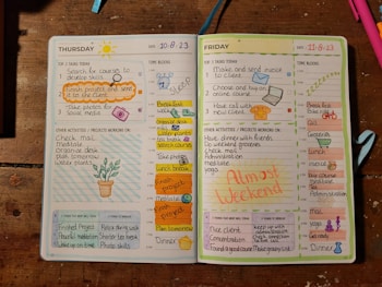 An open planner spread across two days, Thursday and Friday, with detailed schedules, tasks, and colorful annotations. Each day lists top tasks, time blocks, and additional activities with small doodles such as sun, coffee, plant, and food. Personal reflections and areas for improvement are noted at the bottom of each page.