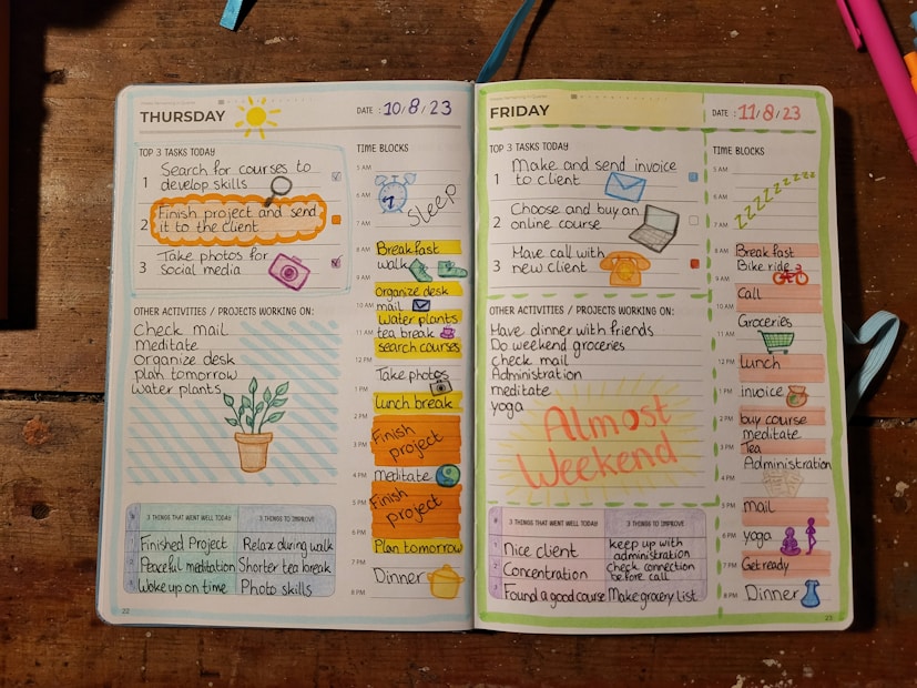An open planner spread across two days, Thursday and Friday, with detailed schedules, tasks, and colorful annotations. Each day lists top tasks, time blocks, and additional activities with small doodles such as sun, coffee, plant, and food. Personal reflections and areas for improvement are noted at the bottom of each page.