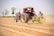 A farmer operates a red tractor equipped with a seed planting machine on a large field. The soil appears freshly plowed, with visible rows ready for planting. In the background, there are a few green trees against a clear blue sky.