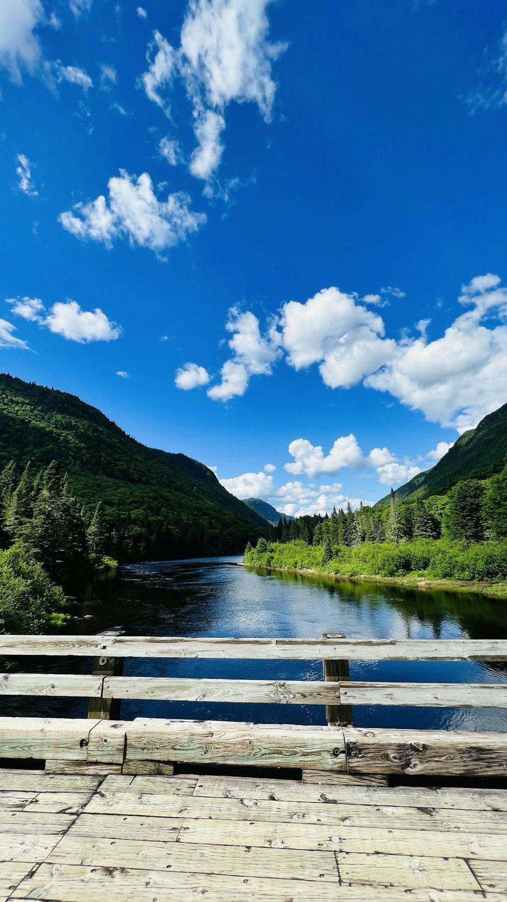 a wooden bridge over a river with mountains in the background