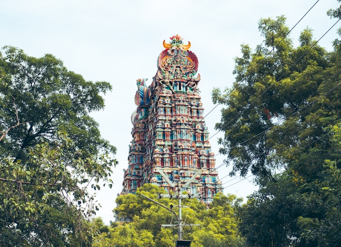 Meenakshi Amman Temple colorful gopuram tower, Madurai, Tamil Nadu, South India
