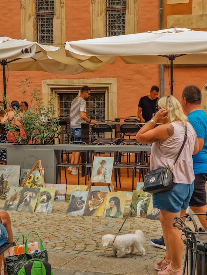 A street scene with people observing a display of various paintings set on the pavement against the backdrop of a historic building with large windows. The paintings include animal portraits and human figures. A couple stands in the foreground with a small white dog on a leash.