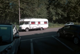 A white camper van with red curtains is parked by the roadside under the shade of tall green trees. There are several other cars parked nearby and a sunny day lightens the scene.