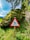 A triangular warning sign with a red border and a white center, featuring an illustration of a person falling off a scooter. The sign is placed in a lush green area with dense vegetation, shrubs, and trees. In the background, there are moss-covered rocks and a clear blue sky.