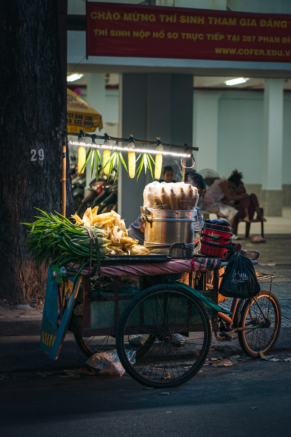 a bicycle with a cart of food on the back of it