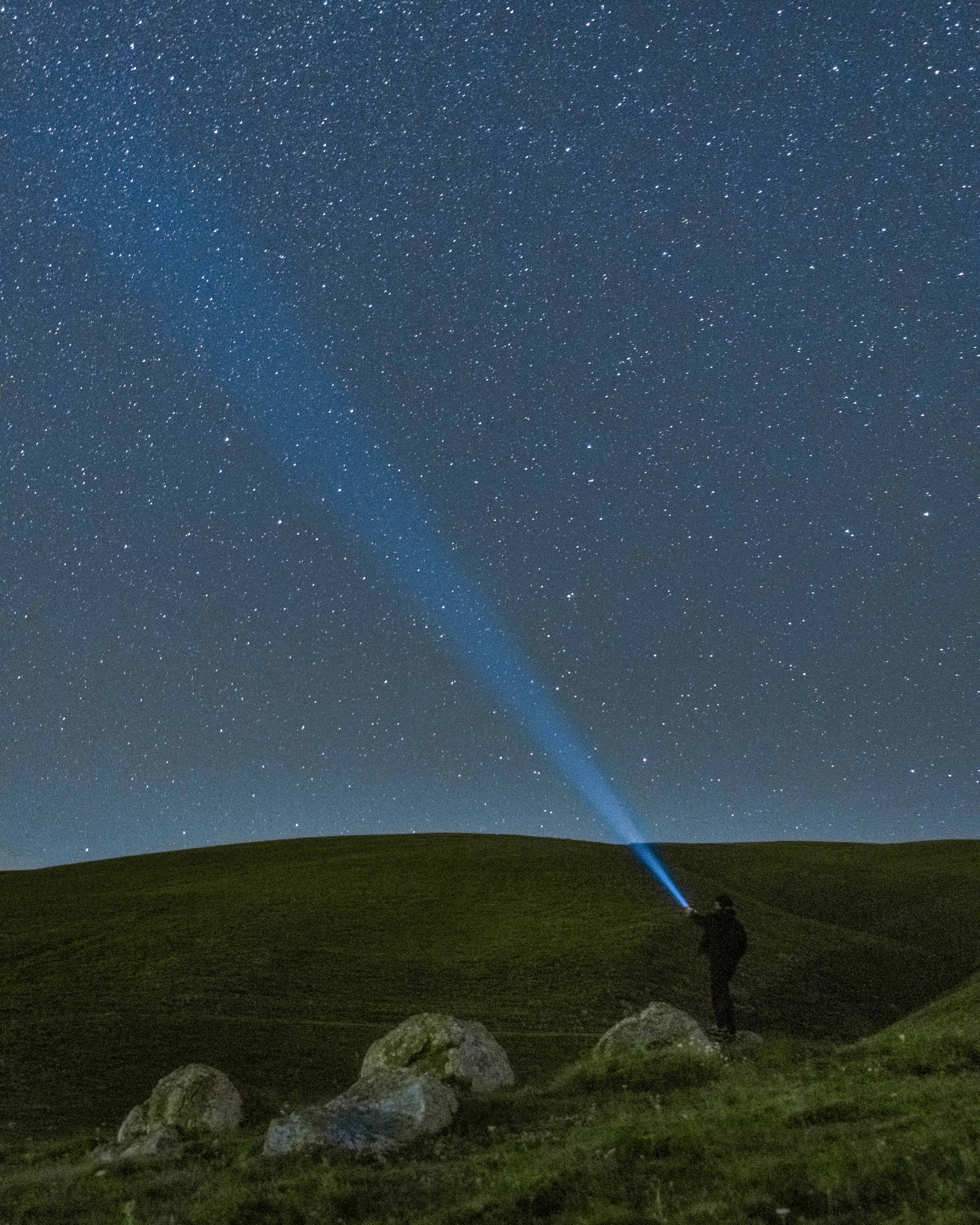 Un hombre parado en la cima de una exuberante ladera verde bajo un cielo lleno de estrellas