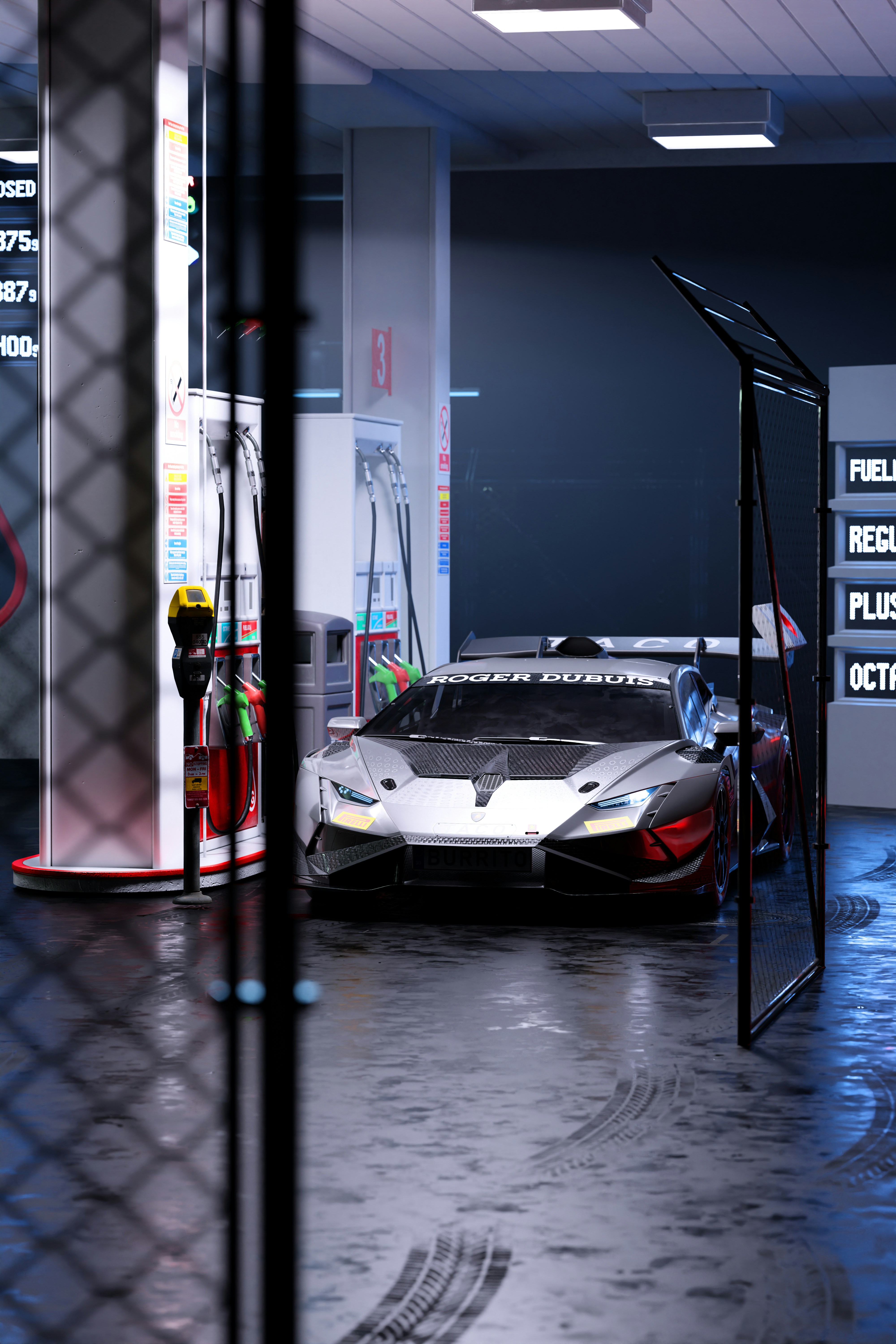 a white sports car parked in a garage
