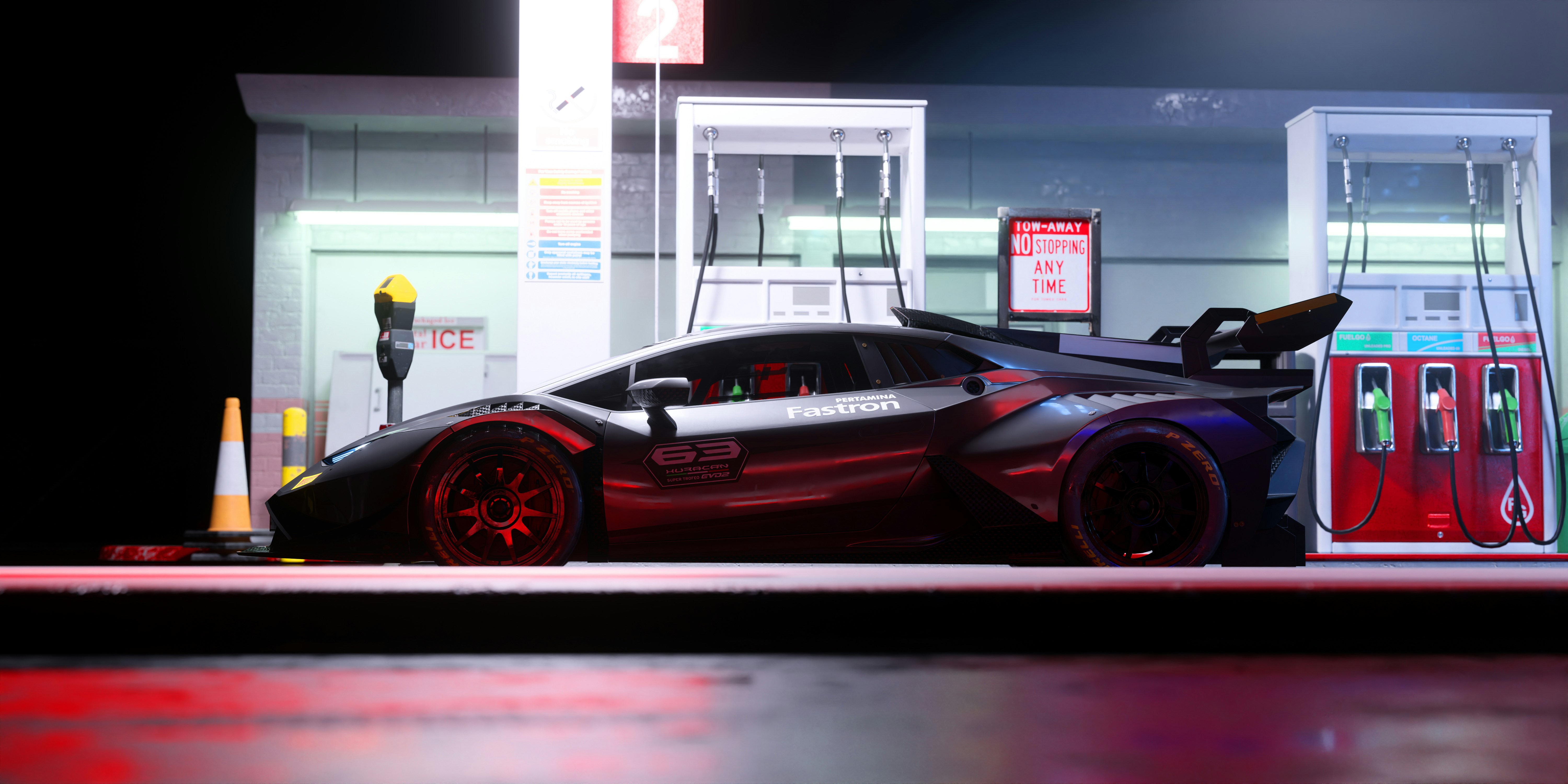 a car parked in front of a gas station