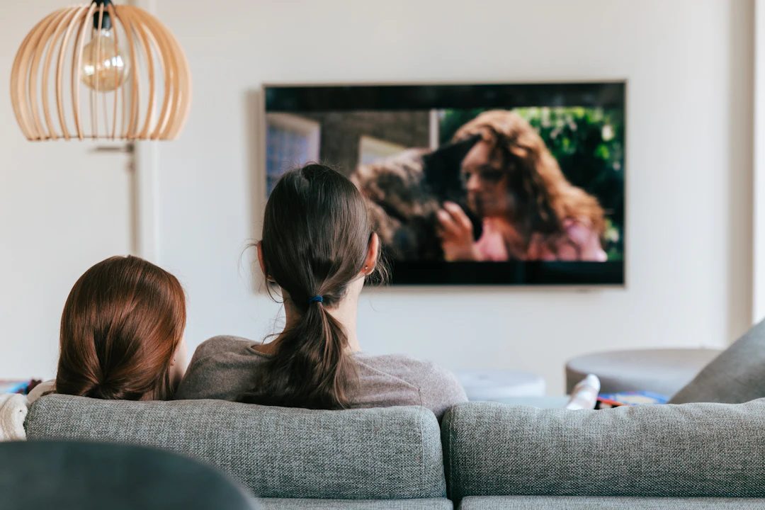 Family watching tv living room