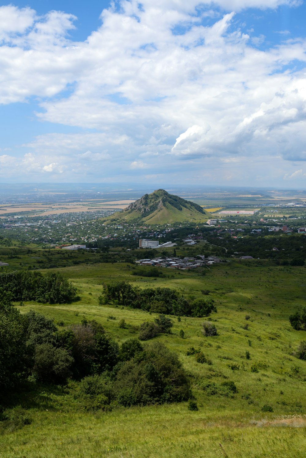 a green field with a mountain in the background