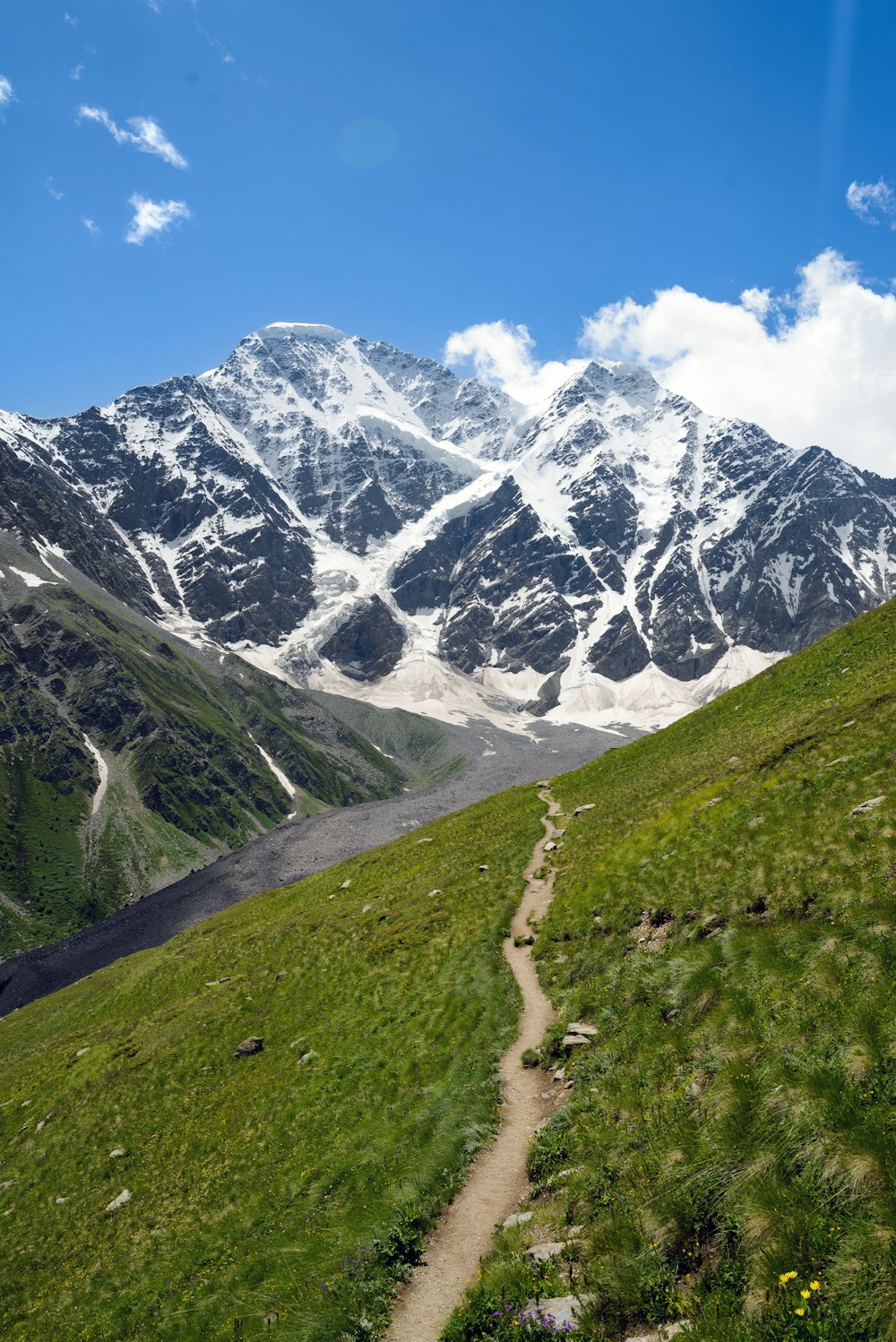 a trail winds through a grassy valley with a mountain in the background