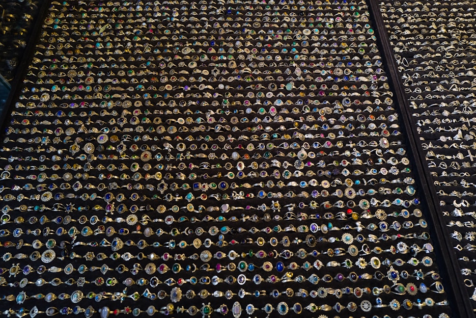 A beautiful display of various jewelry gems.