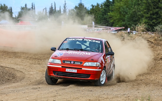A red rally car is drifting on a dirt racing track, kicking up dust in its wake. The car has various sponsorship stickers and the words 'OZICAB RACING' on the windshield. Trees and sparse vegetation are visible in the background along with some spectators behind a barrier.