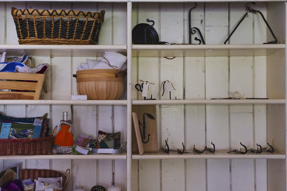 a shelf filled with lots of different types of items