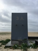 A large, gray vertical structure stands on a sandy beach. It has two faucets on the front and is marked with a large number 3 and a symbol resembling raindrops arranged in a triangle formation. The ground around the structure is wet and has some green plants scattered. The background features a cloudy sky and an expansive, mostly empty beach.