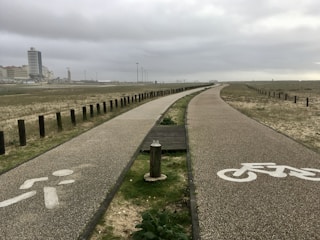 A dual pathway designed for pedestrians and cyclists is depicted, with one path marked by a pedestrian icon and the other by a bicycle icon. Wooden posts line each side, leading towards a distant urban skyline with tall buildings under an overcast sky.