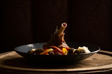 a plate of food on a wooden table