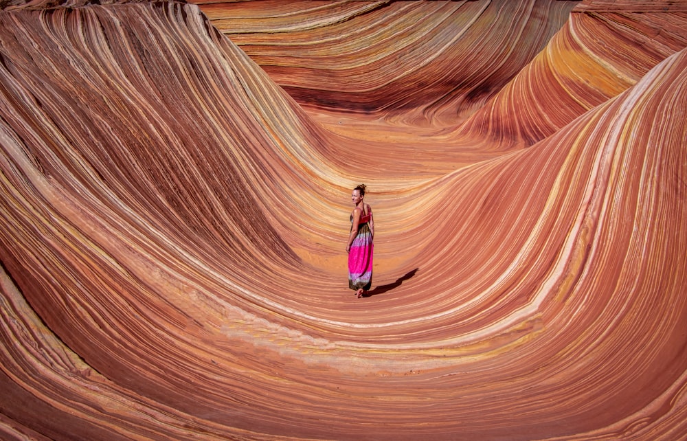 a person standing in a canyon with a surfboard