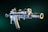 A detailed image of a modern assault rifle with visible attachments, including a scope and a tactical grip. The rifle is positioned at an angle against a dark green background, highlighting its metallic and precision-engineered parts.