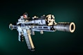 A detailed image of a modern assault rifle with visible attachments, including a scope and a tactical grip. The rifle is positioned at an angle against a dark green background, highlighting its metallic and precision-engineered parts.