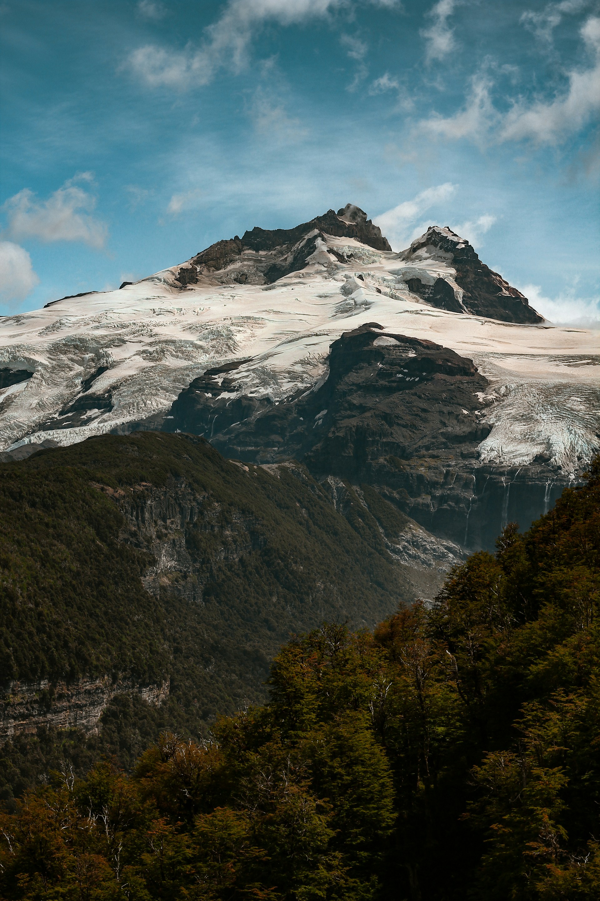 a mountain covered in snow and surrounded by trees