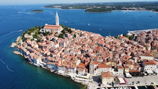 an aerial view of a small town on a small island