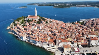an aerial view of a small town on a small island