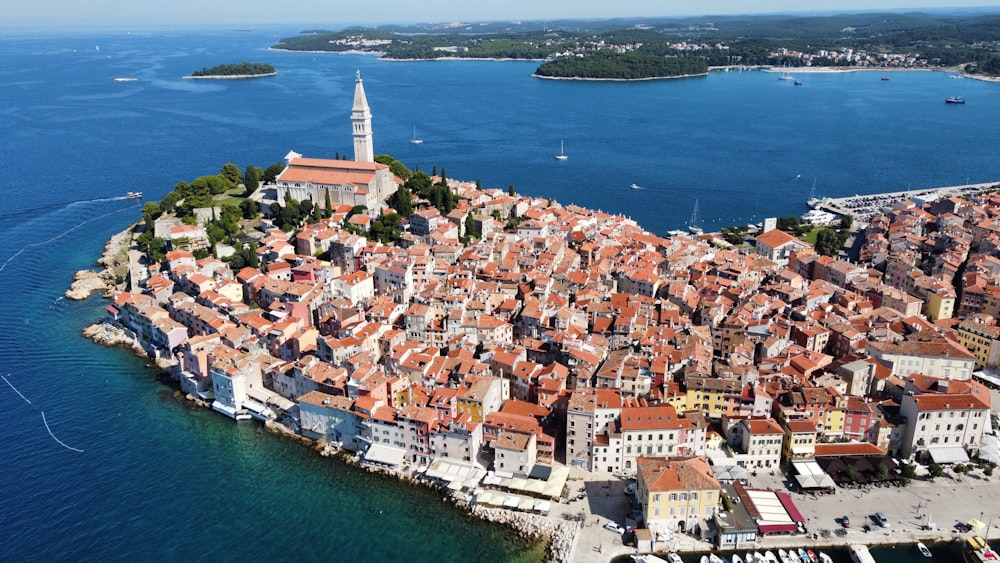 an aerial view of a small town on a small island