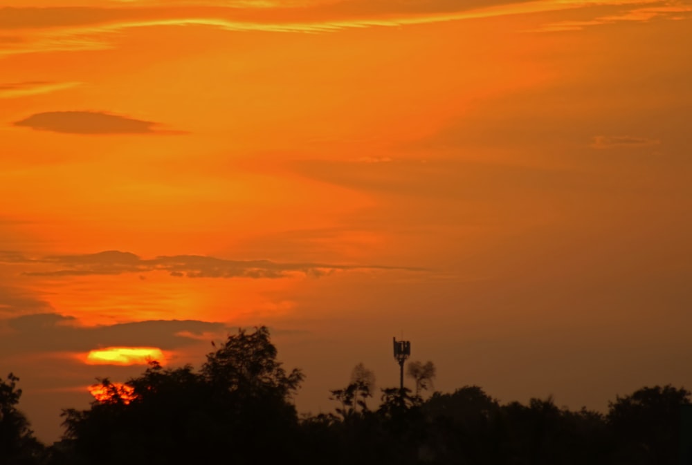 the sun is setting over the trees in the distance