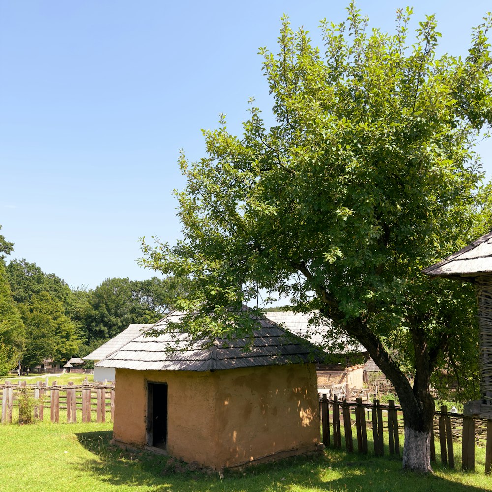 a small building with a tree next to it