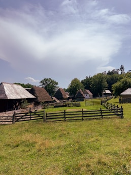 A rural scene featuring several thatched-roof huts and wooden fences on a grassy field. In the background, there are trees and hilly terrain under a partly cloudy sky.