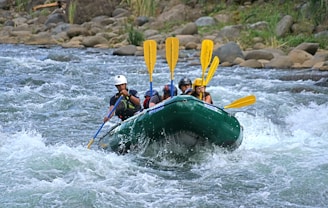 a group of people riding on the back of a raft down a river