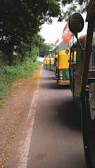 A line of auto rickshaws is parked along a narrow road lined with trees. The rickshaws are adorned with flags, with some featuring prominent political symbols and colors. The road is bordered by greenery, and the sky seems overcast, casting a subdued light over the scene.