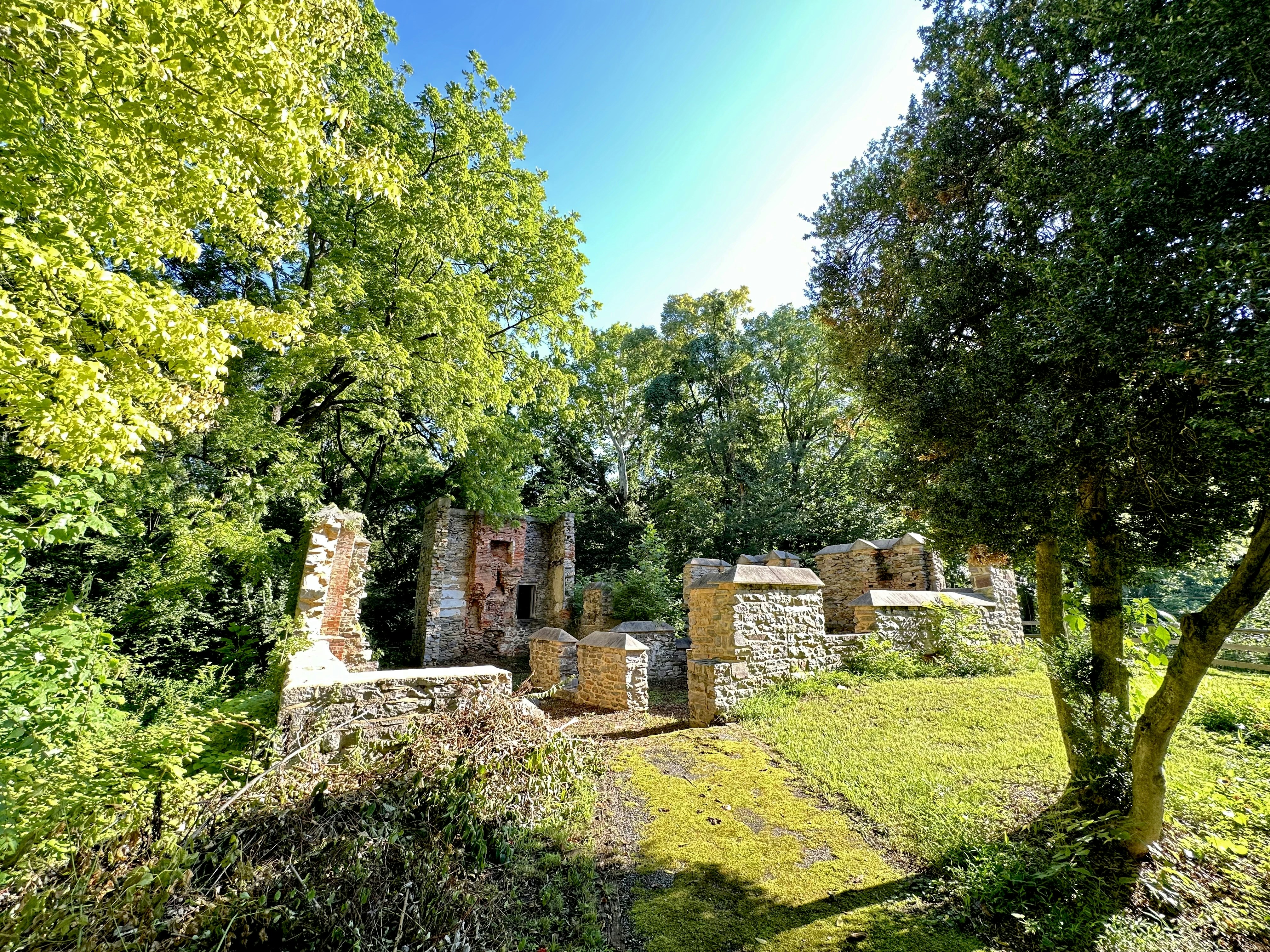 a stone structure in the middle of a forest, 