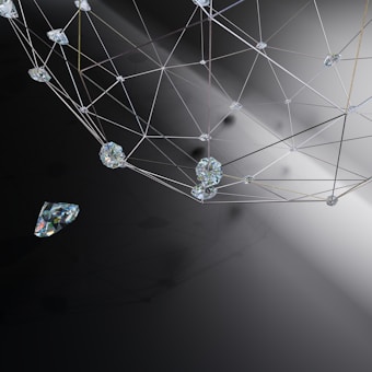 A geometric arrangement of interconnected lines and transparent gemstones or crystals is set against a gradient background. The structure appears to be a network or web, with facets of the gems catching and reflecting light.