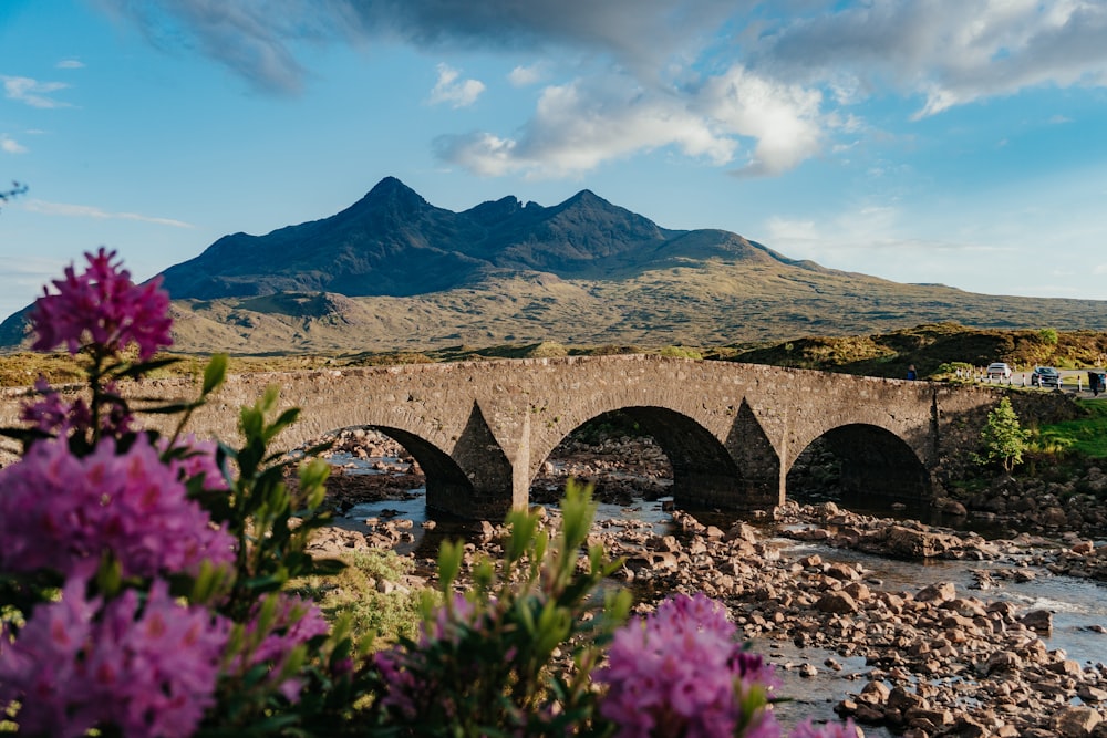 a stone bridge over a river with mountains in the background