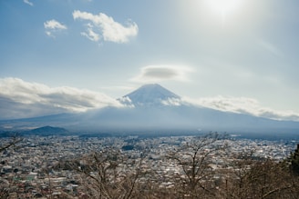 Mount Fuji framed by the early morning light behind modern city buildings.