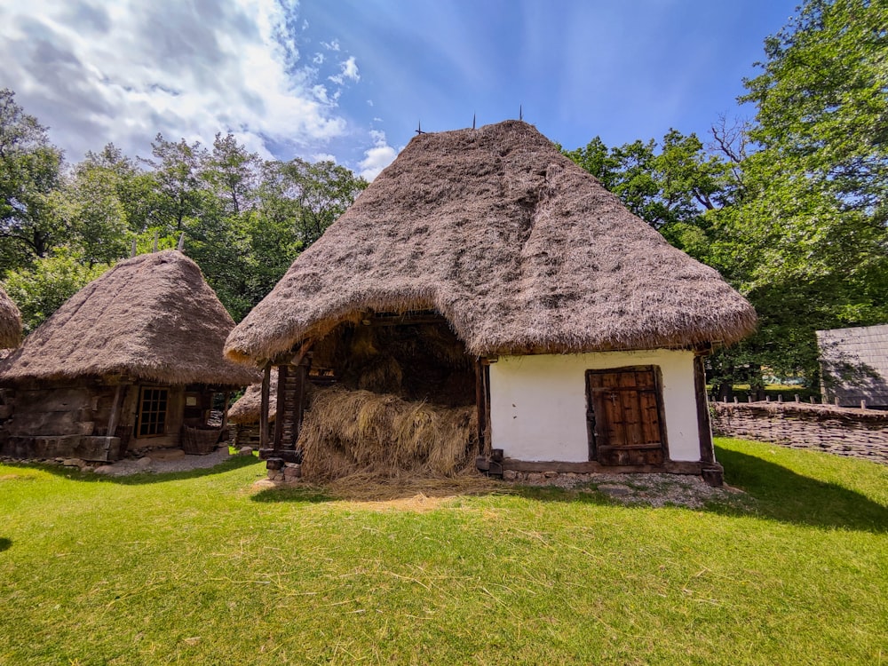 an old thatched house with a thatched roof