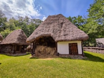 A traditional rural setting with a thatched-roof house surrounded by lush green grass and trees. The house has white walls and a wooden door, with a stack of hay visible under the roof. The sky is partly cloudy, contributing to the serene atmosphere.