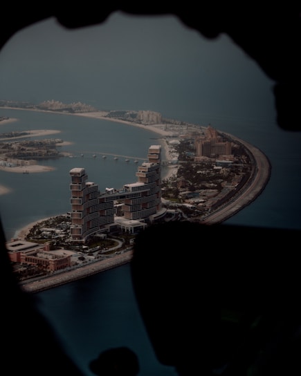 An aerial view of a man-made island shaped like a palm tree, featuring large, luxurious buildings and hotels along the trunk. The water surrounding the island is a deep blue, and the infrastructure includes roads and smaller structures.