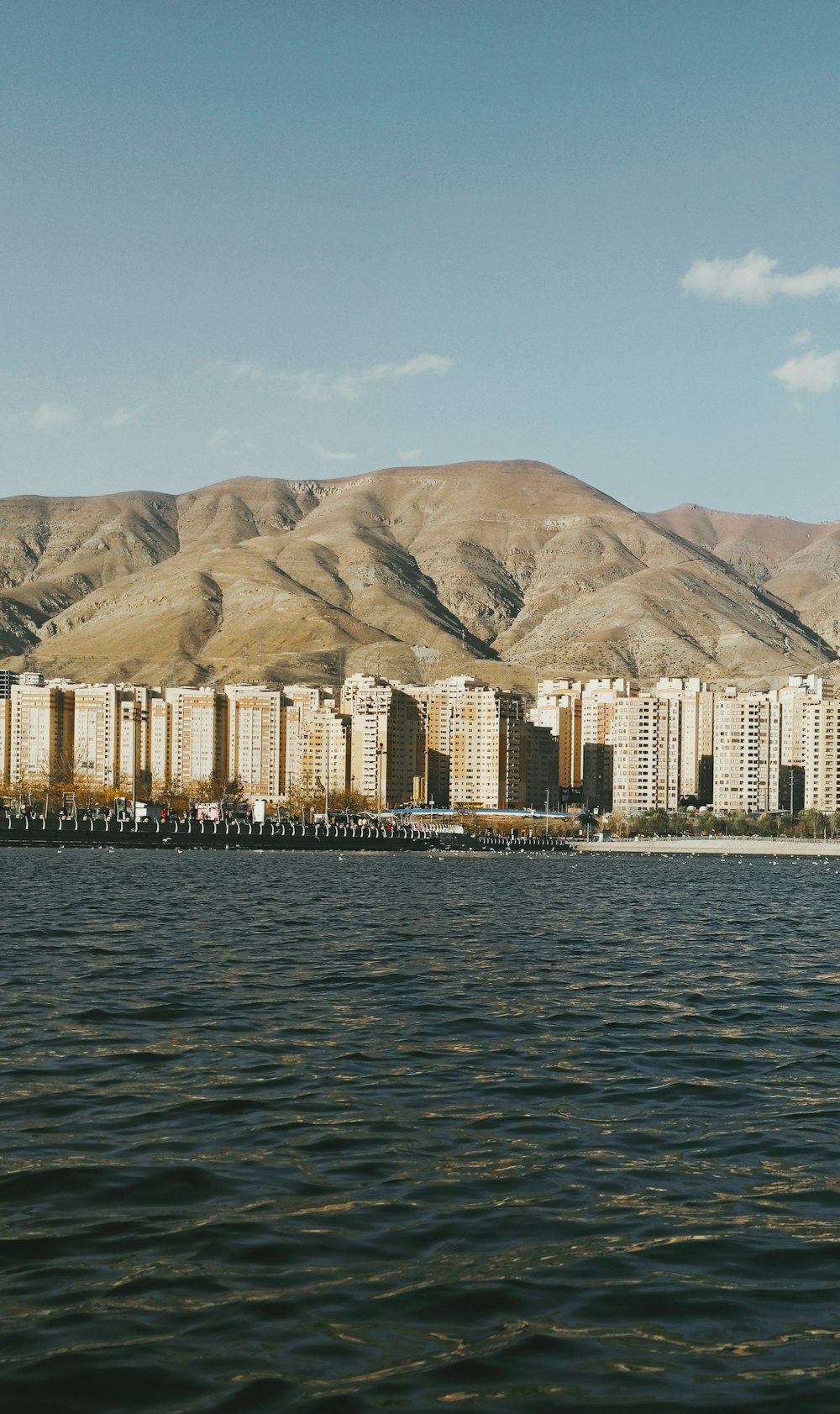 a large body of water with a city in the background