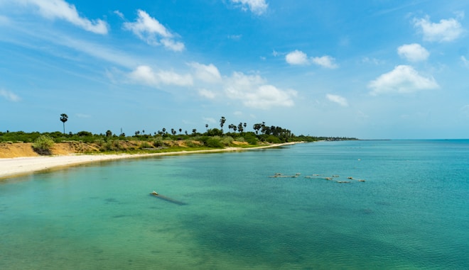 A serene coastline with clear turquoise waters alongside a sandy beach. Lush greenery and palm trees line the shore under a bright blue sky dotted with fluffy white clouds.
