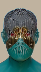 A digitally rendered face exhibiting a metallic and abstract texture, with distorted and mirrored features. The surface is smooth and reflective, suggesting a futuristic or alien design. Colors are rich and vibrant, with a mix of blue, gold, and hints of red. The image conveys an otherworldly and surreal appearance due to the unique texture and symmetry.