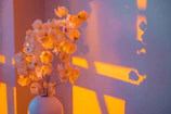 Sunlight streaming over a bright yellow ceramic vase filled with fresh wildflowers.